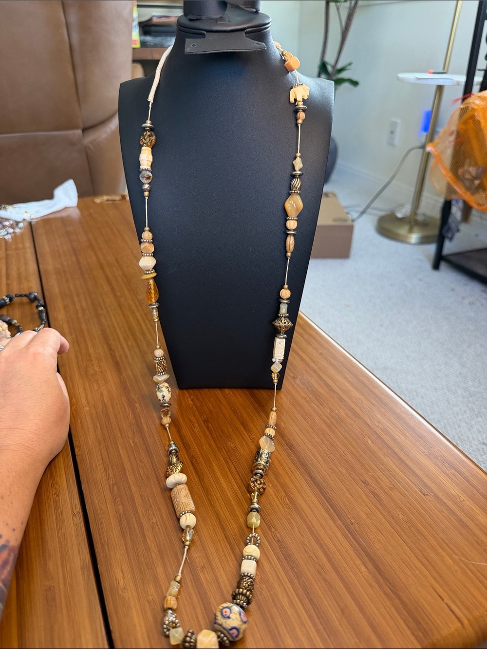 Boho Long Beaded Necklace in Tan and Cream